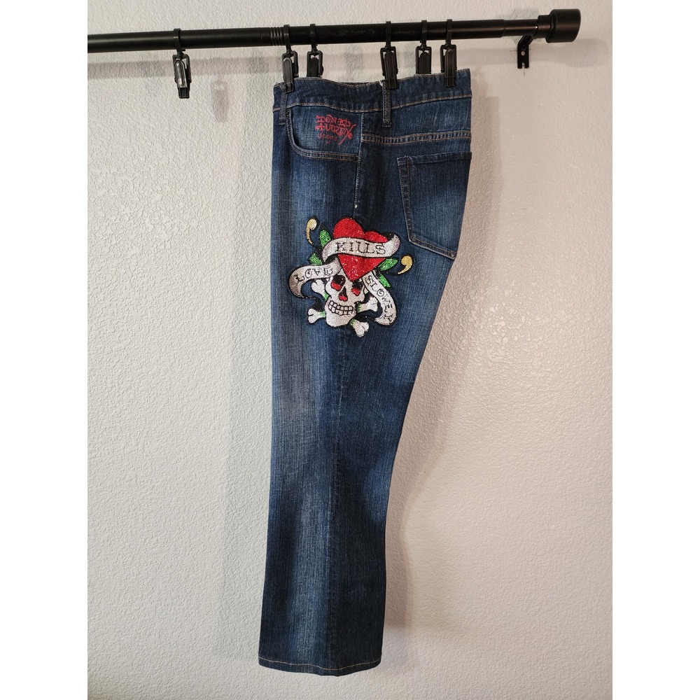 Vintage Ed Hardy Rhinestone "Love Kills Slowly" Jeans Size‎ 18 Denim Skull Heart